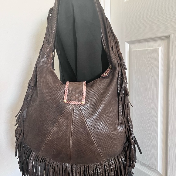 Jimmy Choo Snakeskin Suede Fringe Shoulder Bag - Picture 3 of 9